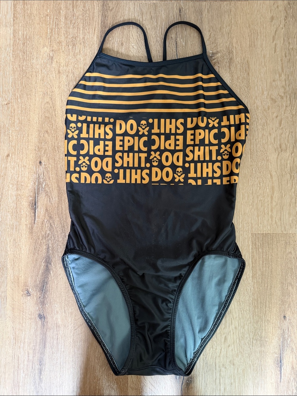 Betty Designs Do Epic Shit One-Piece Swimsuit Size 34 Black & Gold